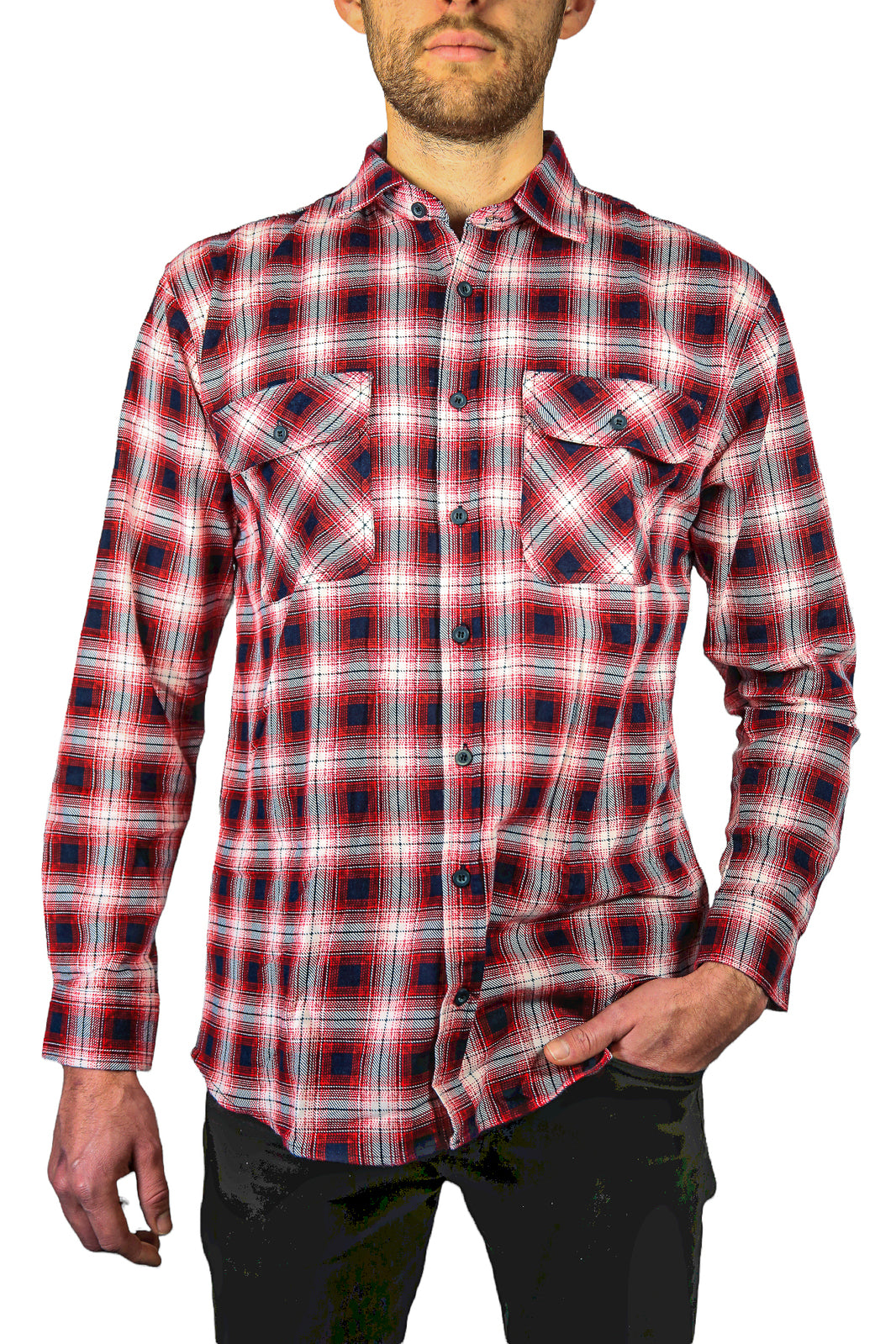 Mens 100% Cotton Flannelette Shirt Long Sleeve Check Authentic Flannel - Red/Navy - 3XL