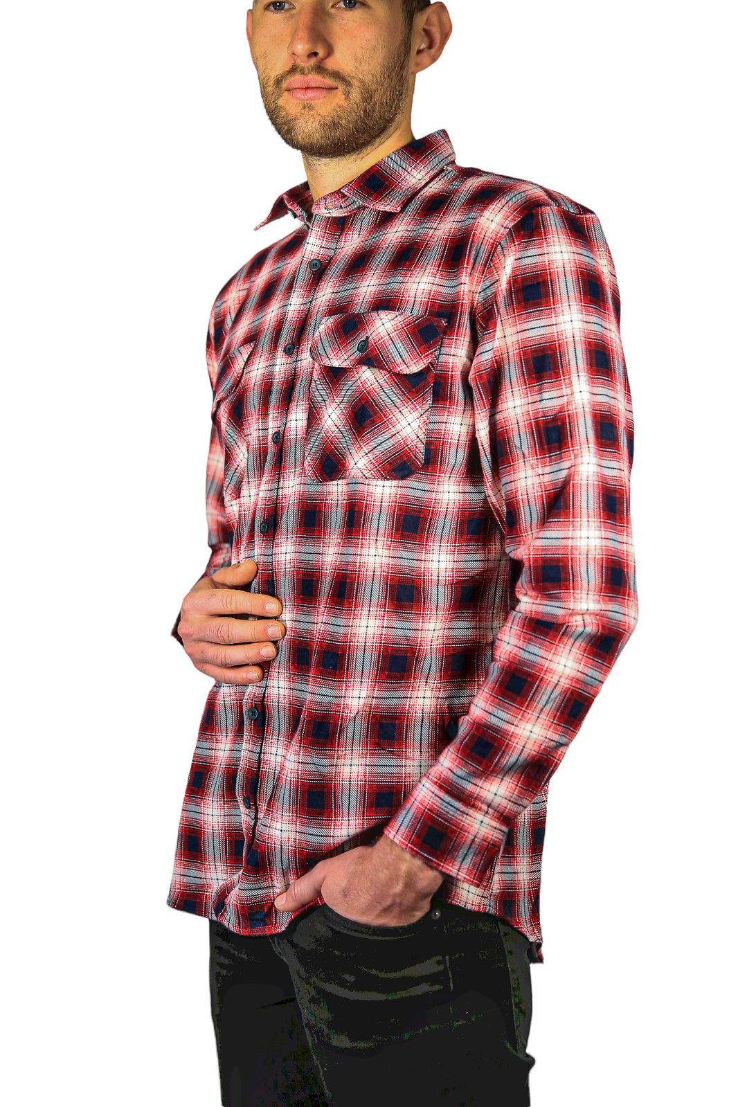 Mens 100% Cotton Flannelette Shirt Long Sleeve Check Authentic Flannel - Red/Navy - 4XL