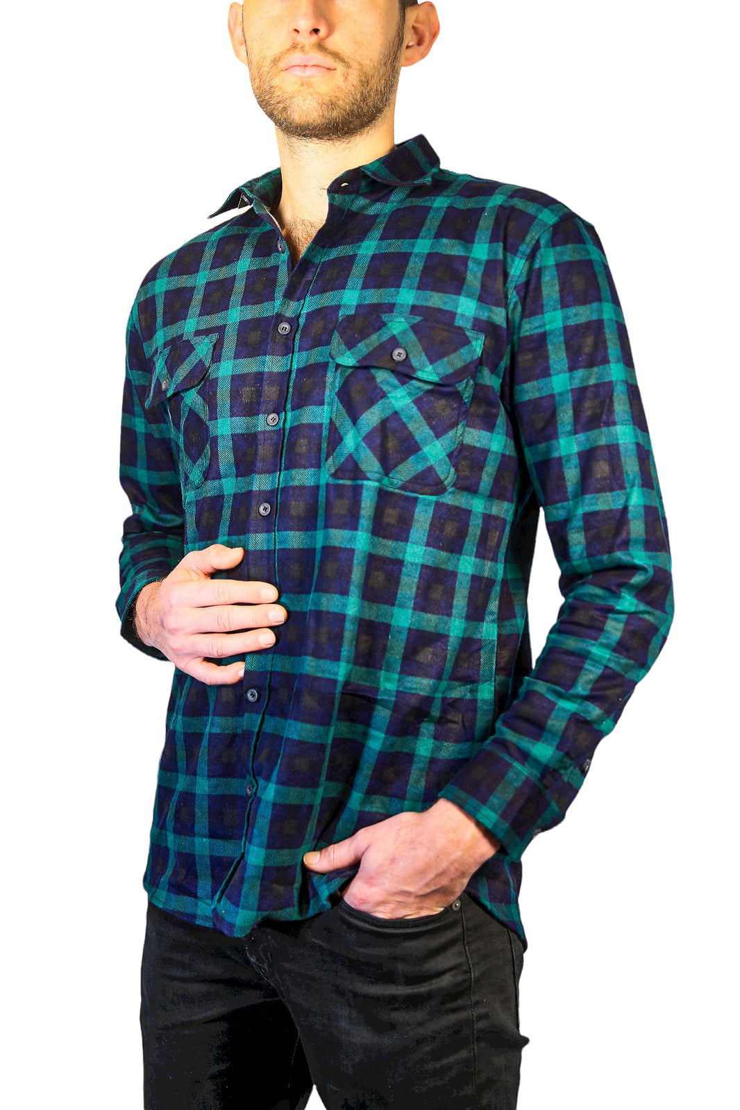 Mens 100% Cotton Flannelette Shirt Long Sleeve Check Authentic Flannel - Green/Navy - 9XL