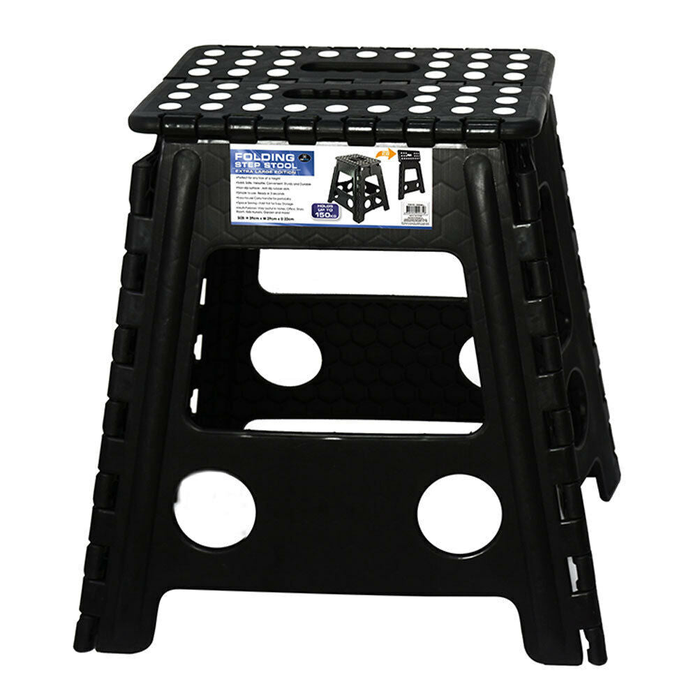 Table & Bar Stools: 125kg Plastic Folding Step Stool 39cm Portable Chair Flat Indoor/Outdoor Home - Black
