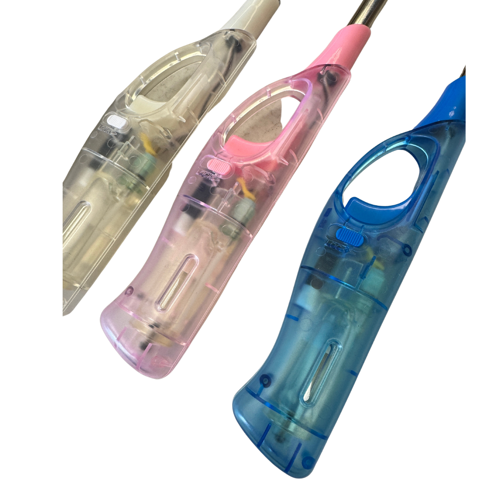 BBQ Tools: 1x Clear Long Gas Lighter for BBQ Kitchen Cigarette w/ Safety Lock - Assorted Colours