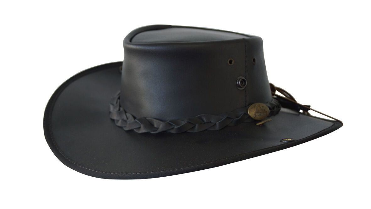 Jacaru Boundary Rider Bovine Cow Leather Hat Chinstrap Side Snaps - Black