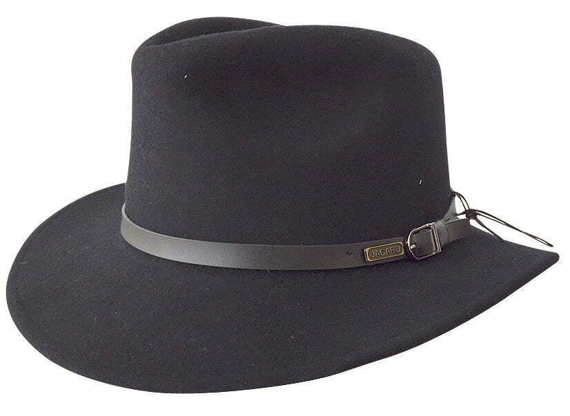JACARU 1849 Australian 100% Wool Hat Fedora Trilby Crushable Travel - Black