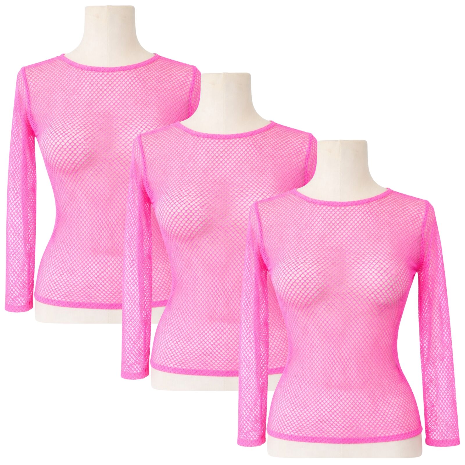 3x Womens Fishnet Mesh Tops Long Sleeve Sheer Stretch See Through - Light Pink