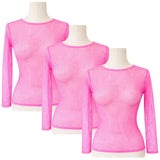 3x Womens Fishnet Mesh Tops Long Sleeve Sheer Stretch See Through - Light Pink