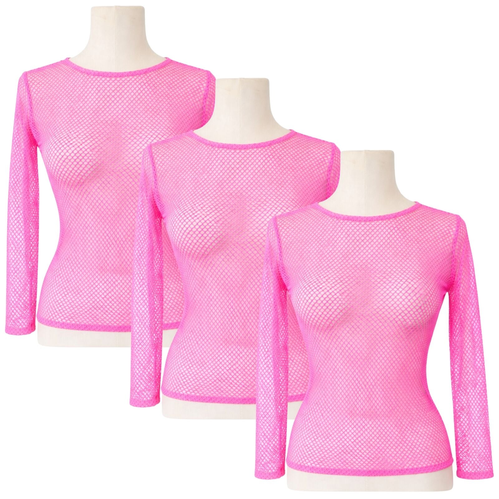 3x Womens Fishnet Mesh Tops Long Sleeve Sheer Stretch See Through - Light Pink