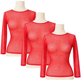 3x Womens Fishnet Mesh Top Long Sleeve Sheer Stretch See Through Costume - Red