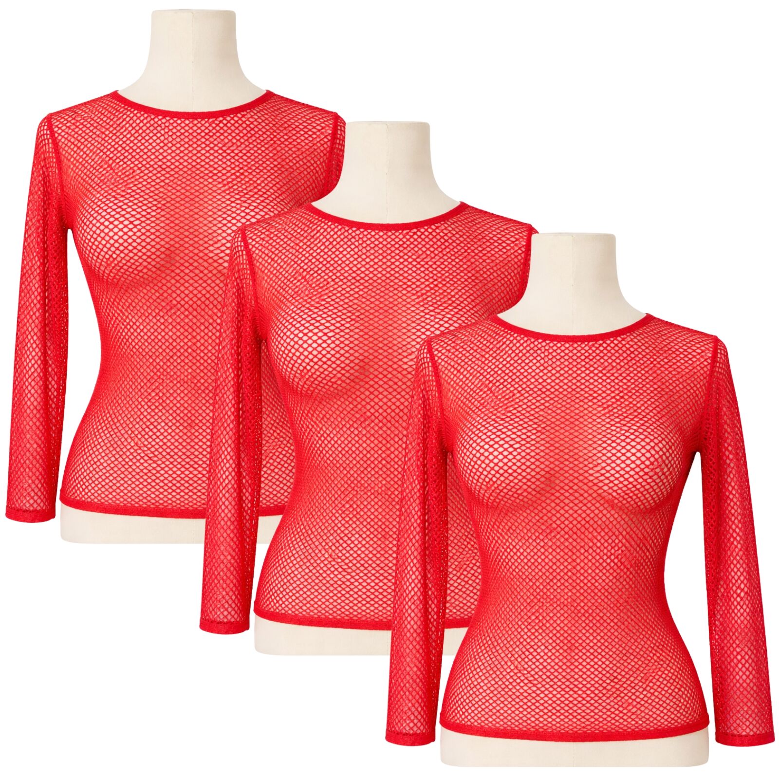 3x Womens Fishnet Mesh Top Long Sleeve Sheer Stretch See Through Costume - Red