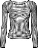 Womens Fishnet Mesh Top Long Sleeve Sheer See Through Party Costume - Black