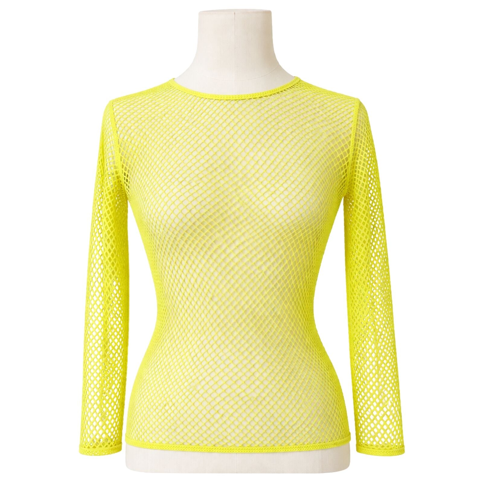 Womens Fishnet Mesh Top Long Sleeve Sheer See Through Costume - Fluro Yellow