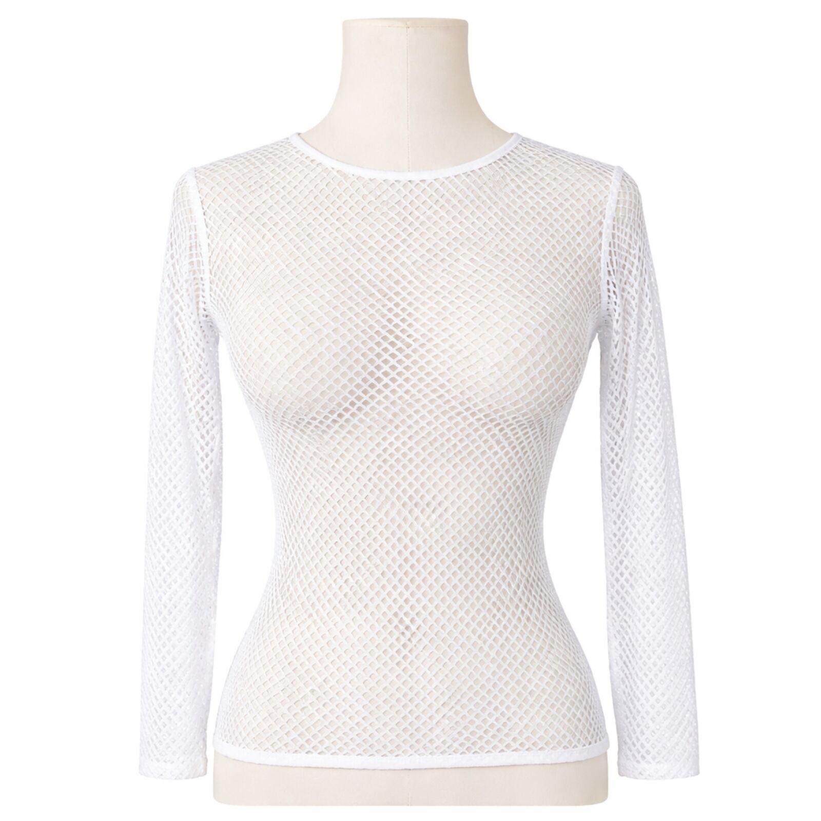Womens Fishnet Mesh Top Long Sleeve Sheer See Through Party Costume - White