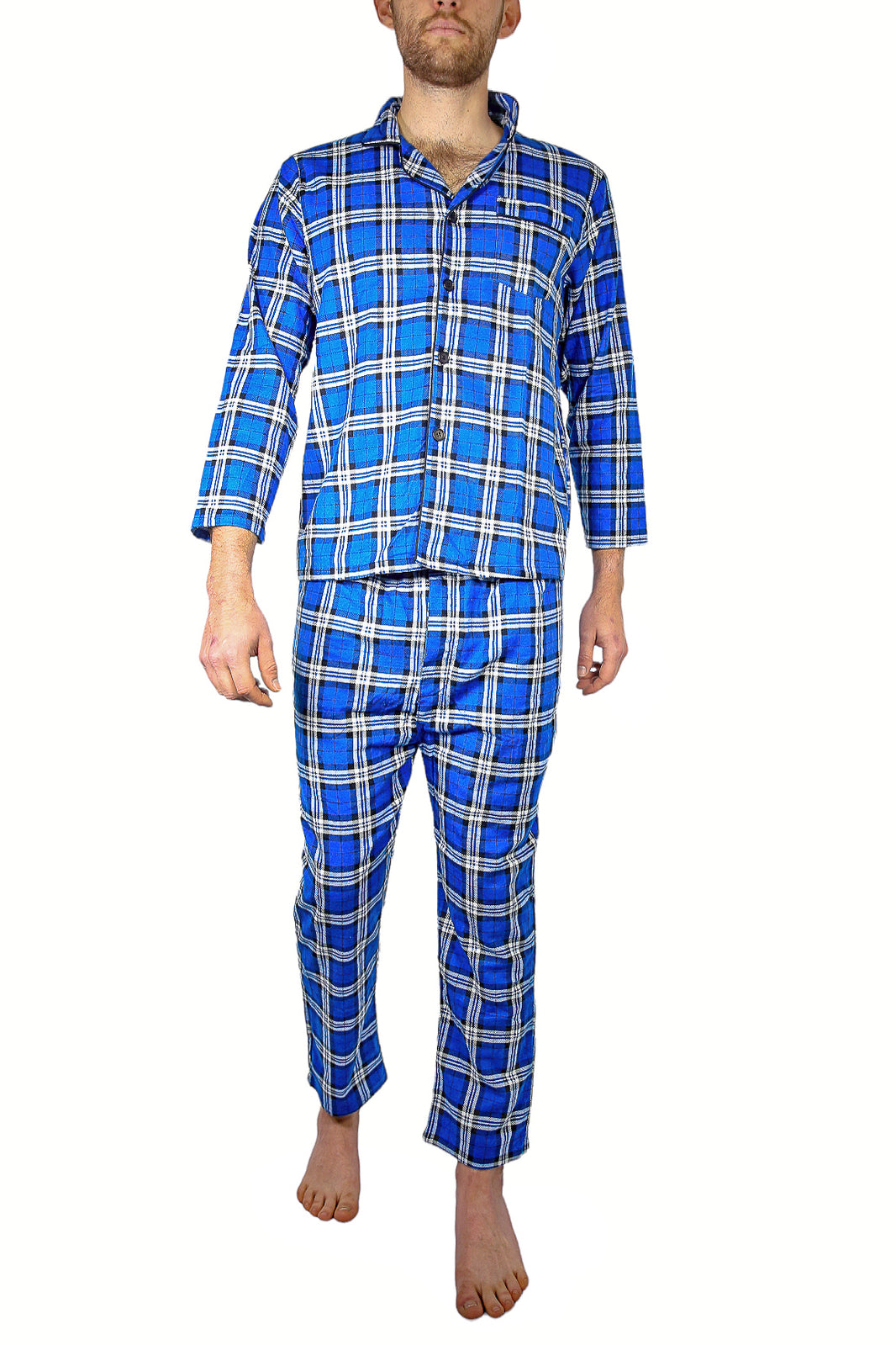Mens Flannelette Pyjama Set Sleepwear Soft 100% Cotton PJs Two Piece Pajamas - Blue - 6XL