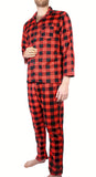 Mens Flannelette Pyjama Set 100% Cotton Long Sleeve Pants Soft Warm PJs - Red - 3XL