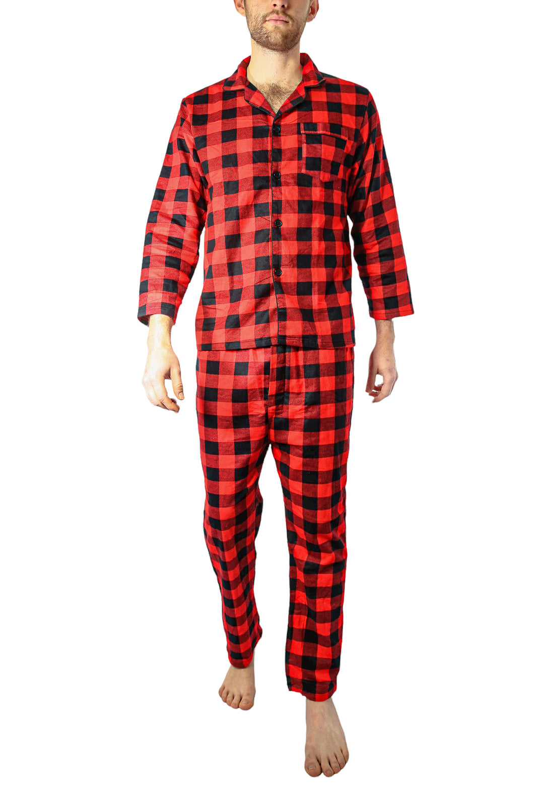 Mens Flannelette Pyjama Set 100% Cotton Long Sleeve Pants Soft Warm PJs - Red - 5XL