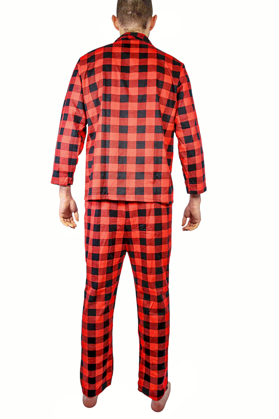 Mens Flannelette Pyjama Set 100% Cotton Long Sleeve Pants Soft Warm PJs - Red - L