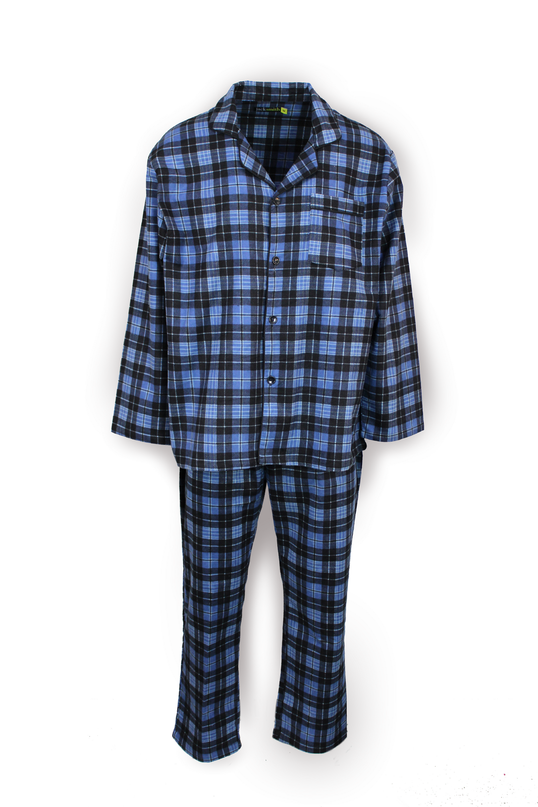 Men's Sleepwear: Mens Flannelette Pyjama Set Sleepwear Soft 100% Cotton PJs - Blue Check - XL