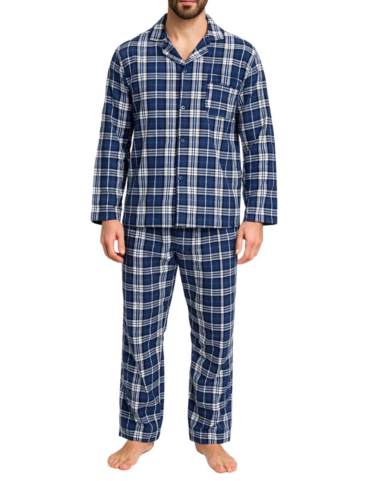 Mens Flannelette Pyjama Set Sleepwear Soft 100% Cotton PJs - Blue Check - M