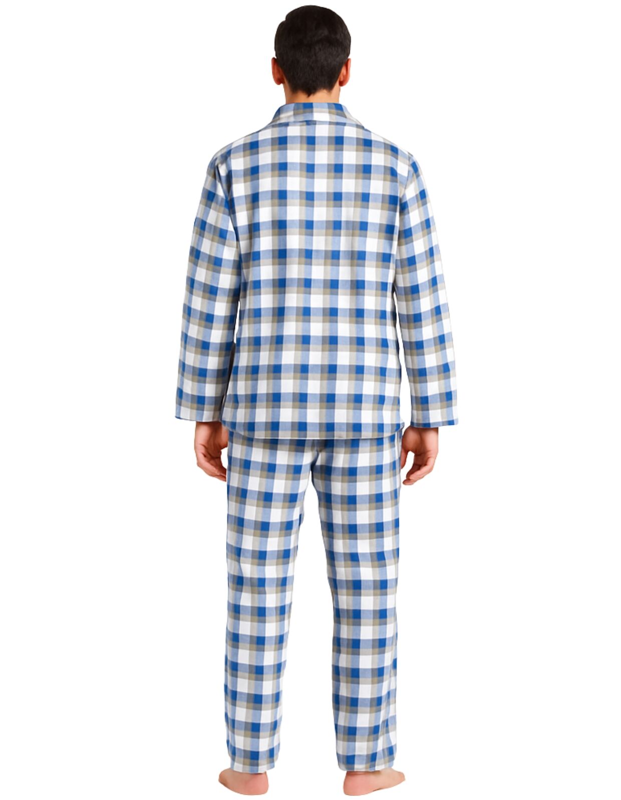 Mens Flannelette Pyjama Set Sleepwear Soft 100% Cotton PJs Two Piece - Light Blue Check - XL