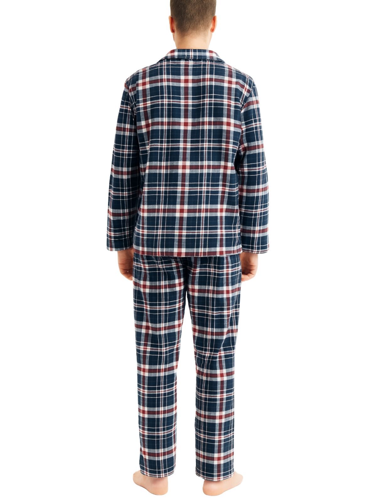 Mens Flannelette Pyjama Set Sleepwear Soft 100% Cotton PJs Two Piece - Navy/Red Check - 3XL