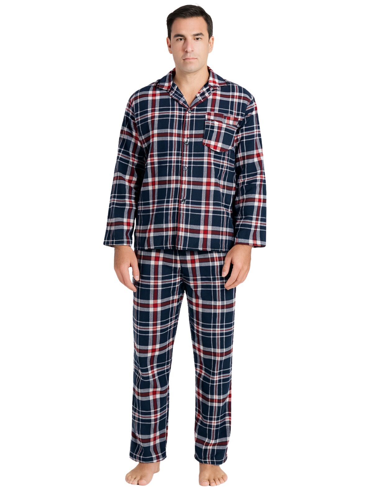 Mens Flannelette Pyjama Set Sleepwear Soft 100% Cotton PJs Two Piece - Navy/Red Check - M