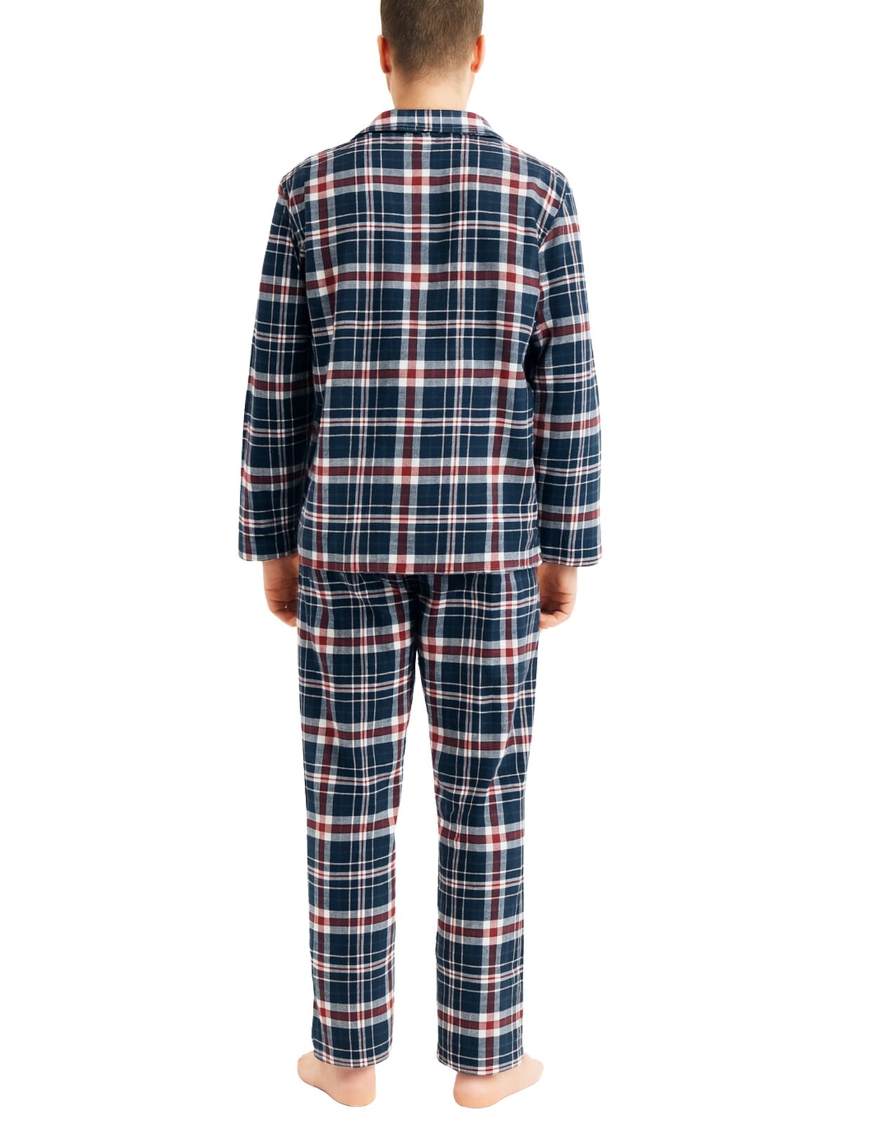 Mens Flannelette Pyjama Set Sleepwear Soft 100% Cotton PJs Two Piece - Navy/Red Check - M