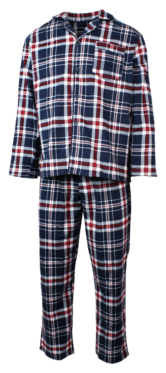 Mens Flannelette Pyjama Set Sleepwear Soft 100% Cotton PJs Two Piece - Navy/Red Check - XL