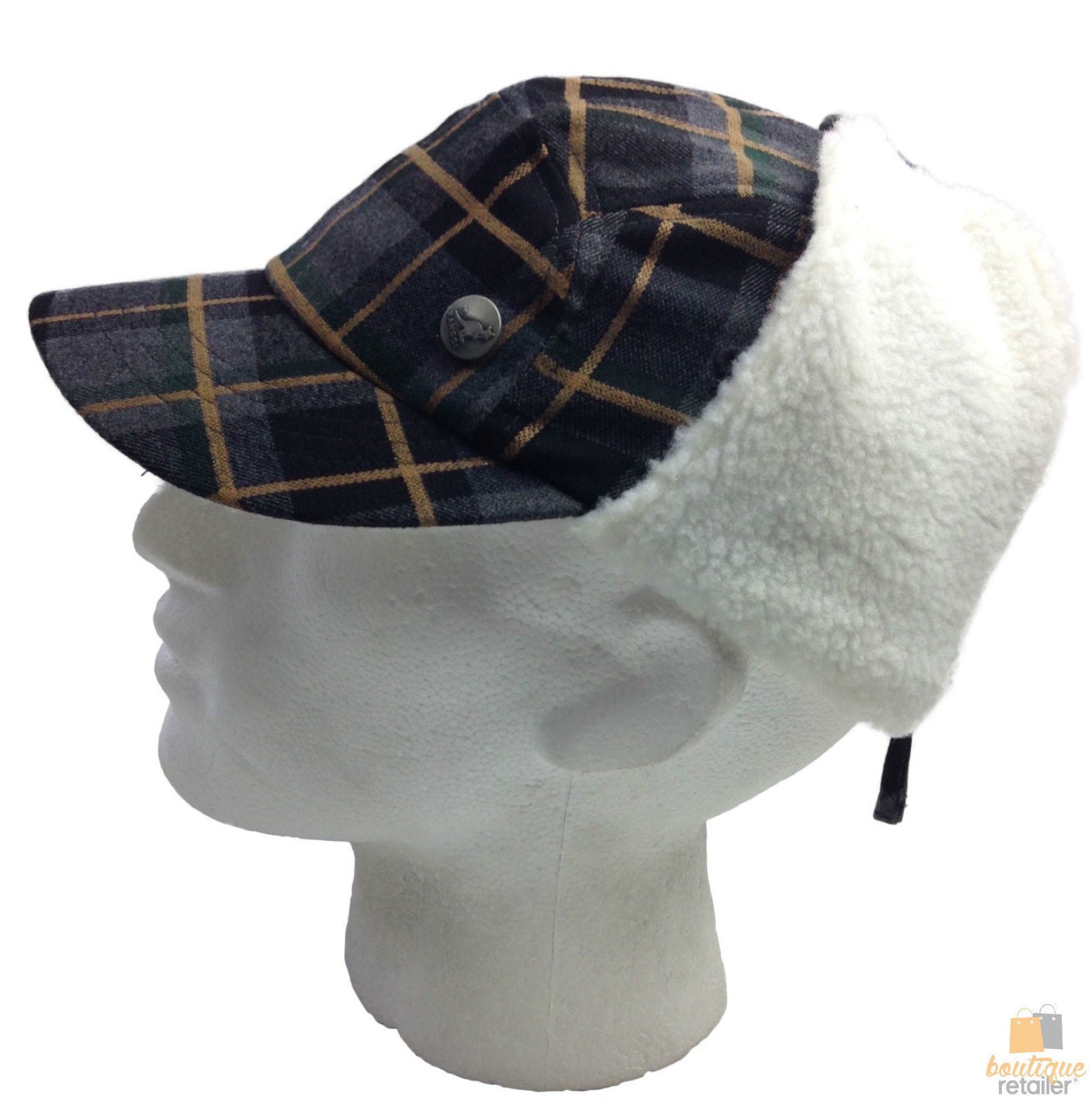 Plaid Supre Trapper Ushanka Hat Sherpa Lined Winter Ear Flap Cap - Grey/Black - S/M