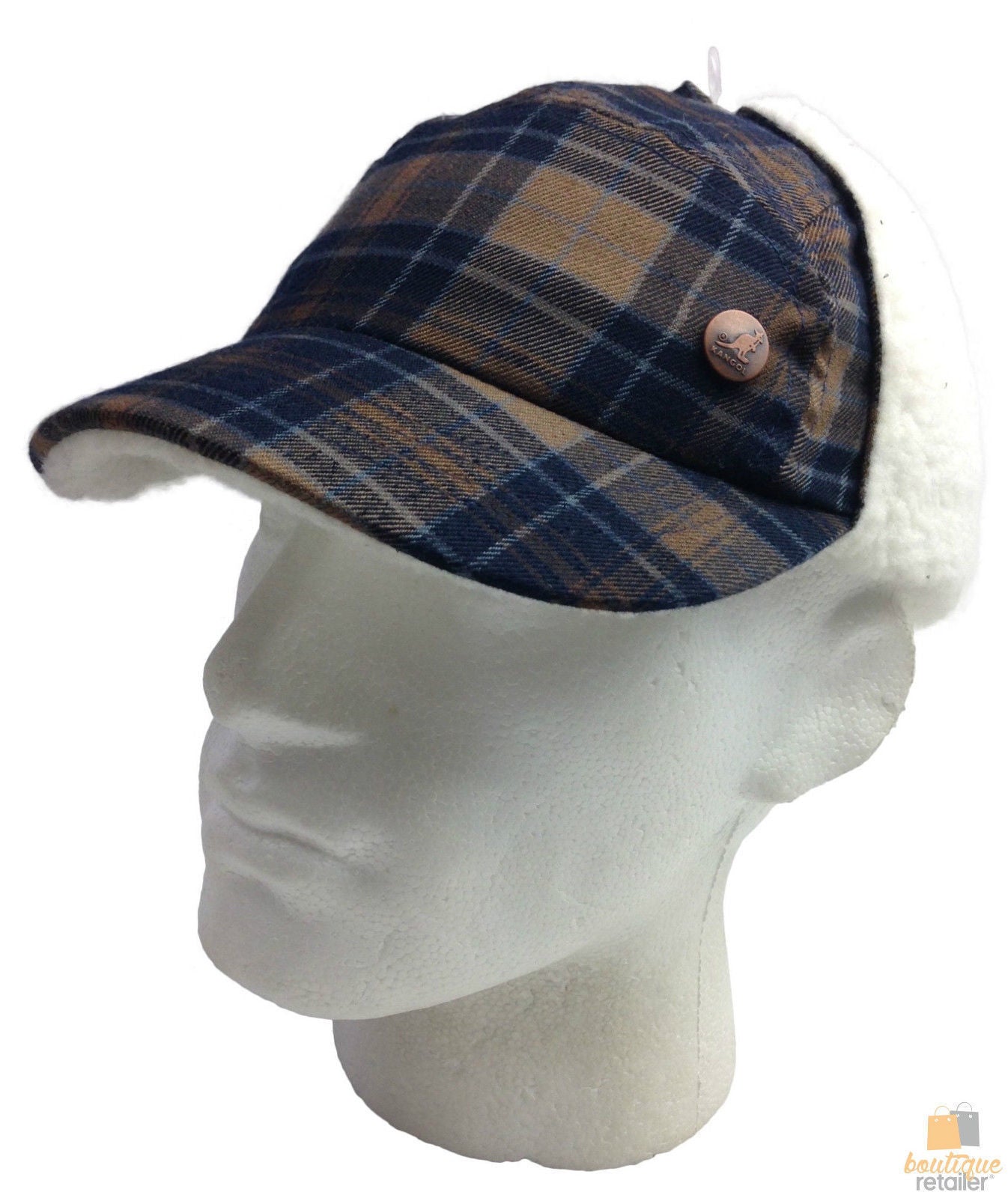 Plaid Supre Trapper Ushanka Hat Sherpa Lined Winter Ear Flap Cap - Navy/Khaki - S/M