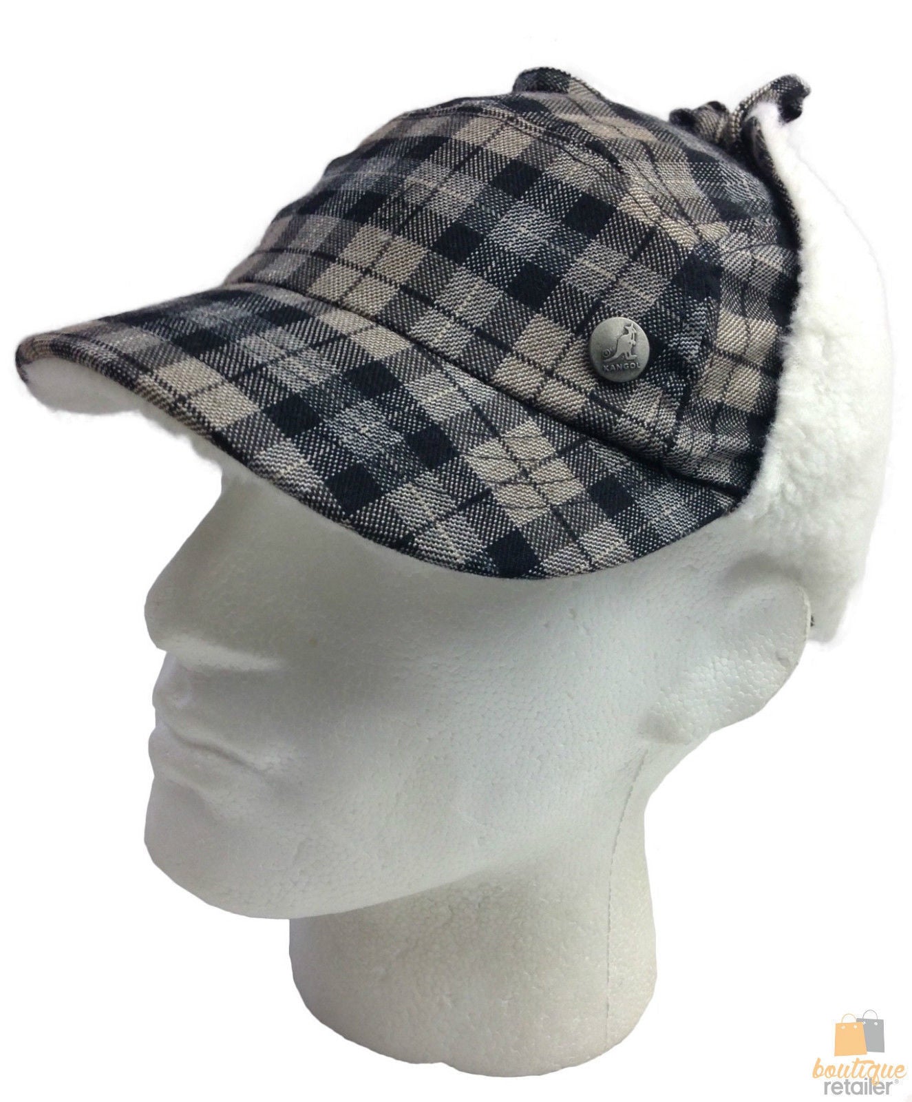 Plaid Supre Trapper Ushanka Hat Sherpa Lined Winter Ear Flap Cap - Black/Grey - S/M