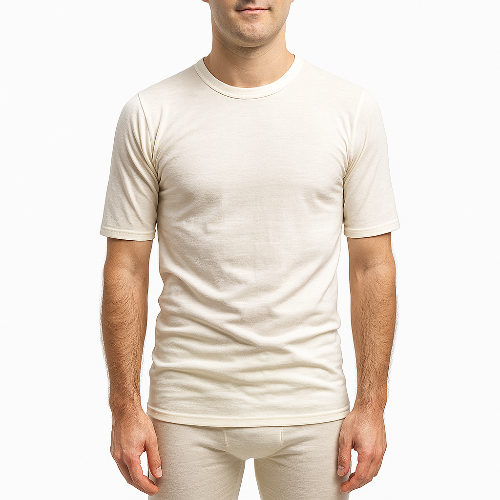 Men's Underwear & Socks: MERINO SKINS Crew Neck Short Sleeve T-Shirt Top 100% Wool Underwear Thermals in Natural - Large (101cm)