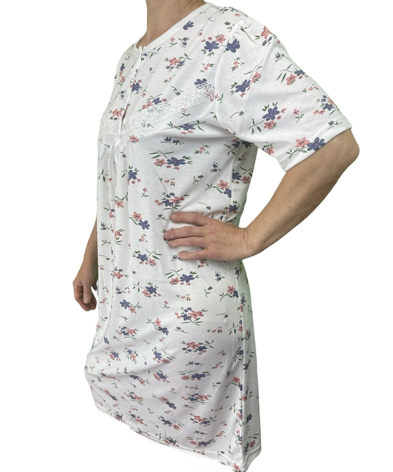 Womens Ladies Cotton Nightie Night Gown Slip Petticoat PJs Sleepwear Dress - White/Pink - 16