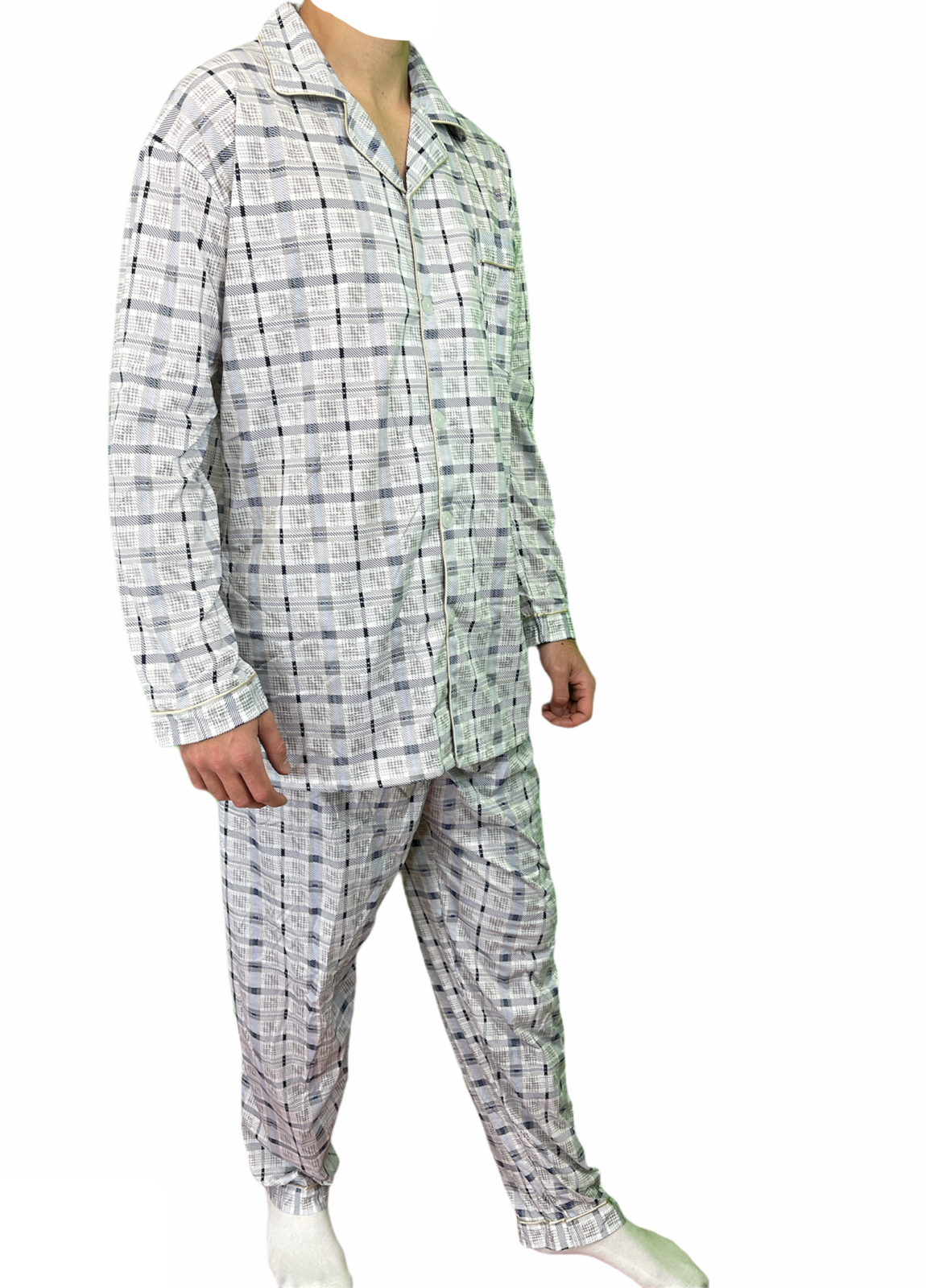 Mens Cotton Pyjama Set Long Sleeve Button Shirt Pants Sleepwear PJs - White/Blue - L