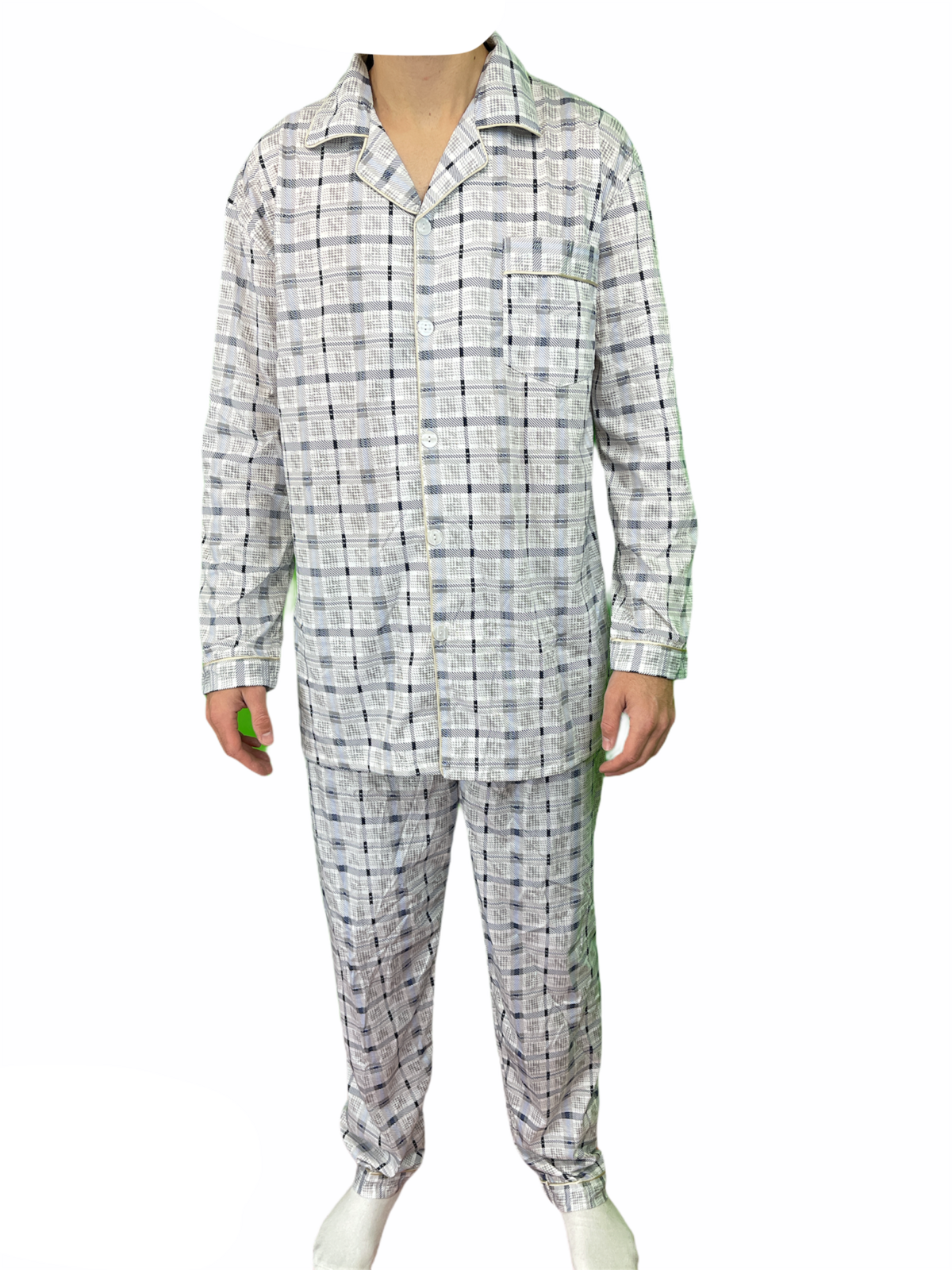 Mens Cotton Pyjama Set Long Sleeve Button Shirt Pants Sleepwear PJs - White/Blue - L