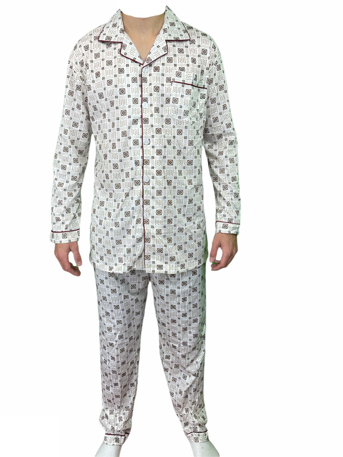 Mens Cotton Pyjama Set Long Sleeve Button Shirt Pants Sleepwear PJ - White/Brown - S