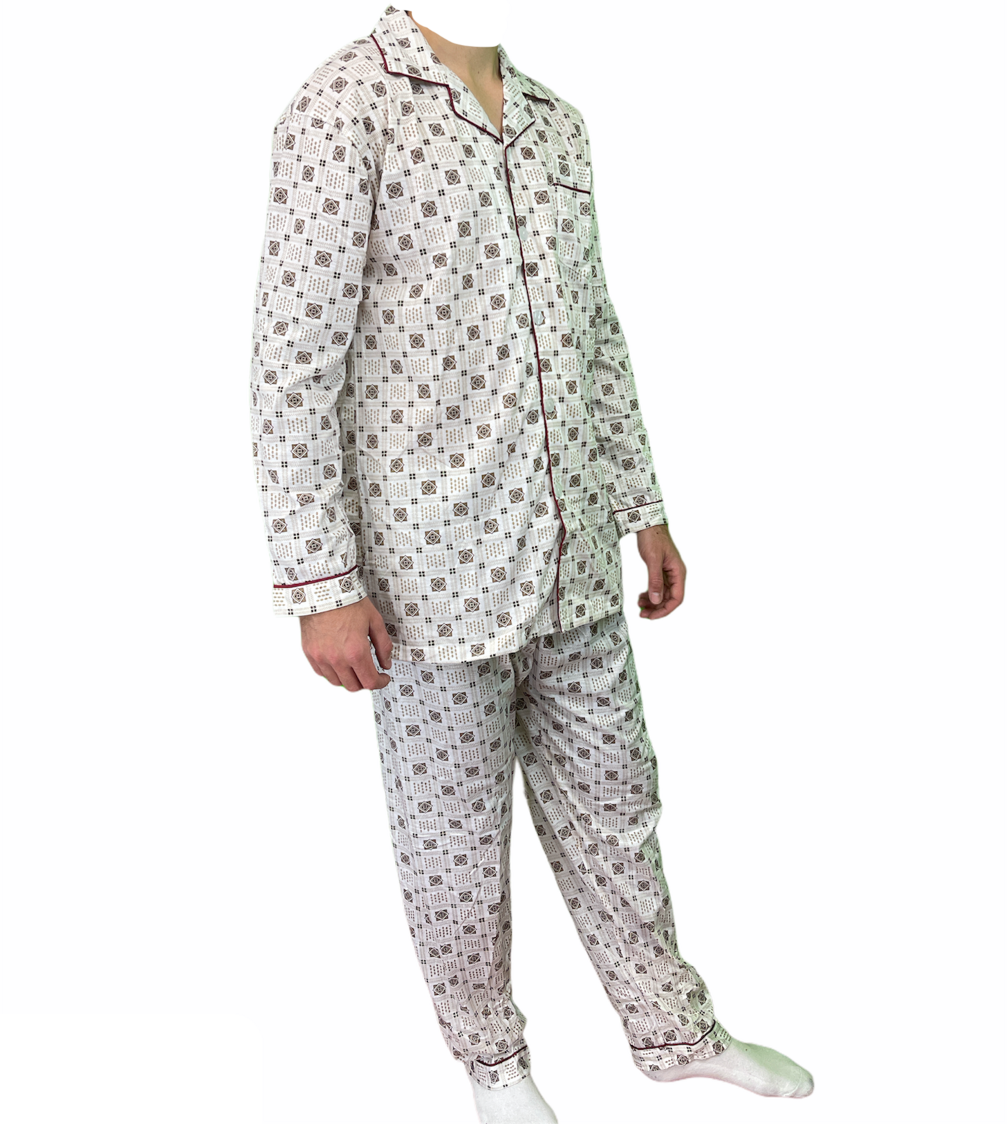 Mens Cotton Pyjama Set Long Sleeve Button Shirt Pants Sleepwear PJ - White/Brown - XL