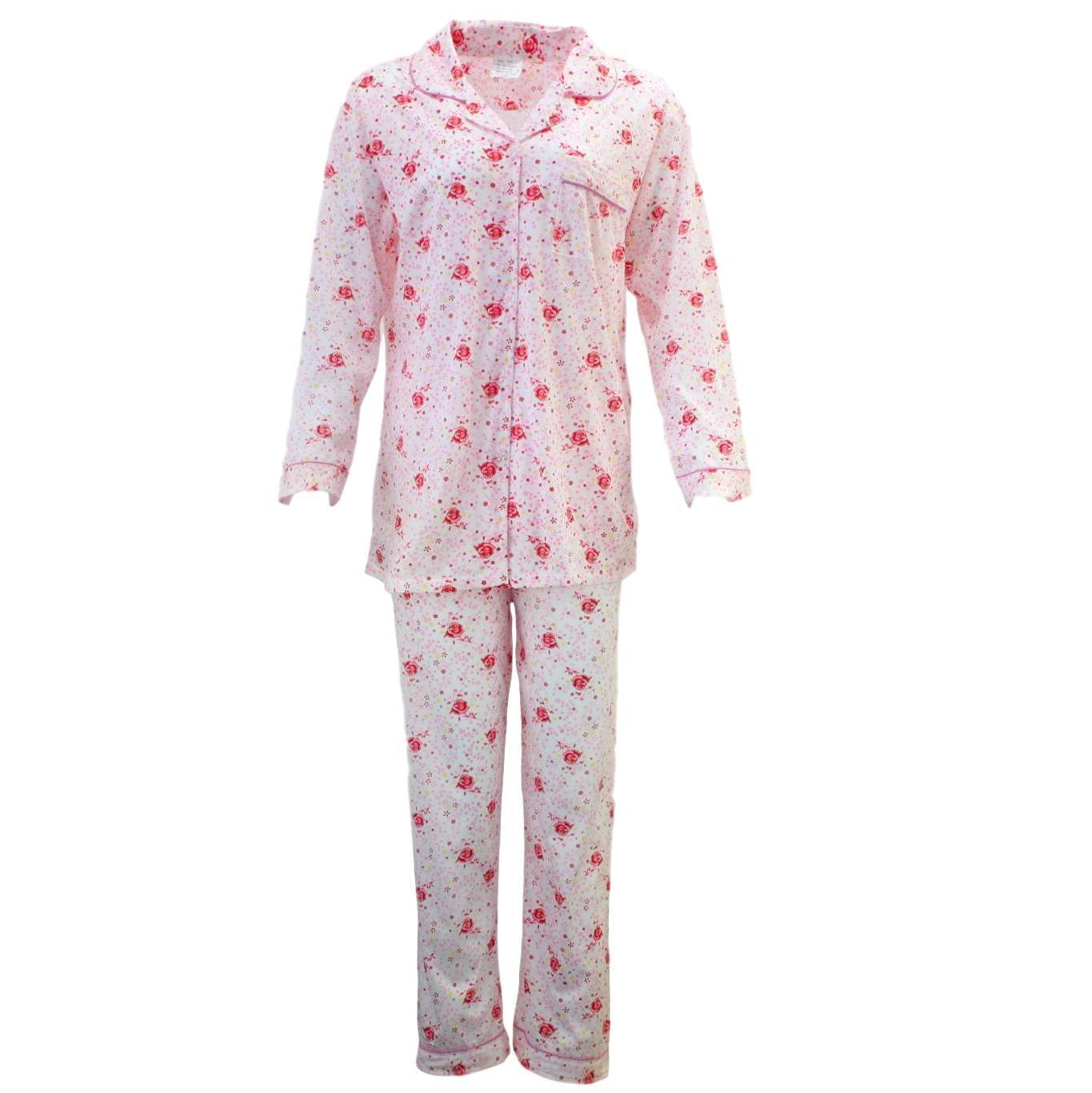Womens Pyjama Set 100% Cotton Long Sleeve Button Up PJs Sleepwear - Pink Floral - 20