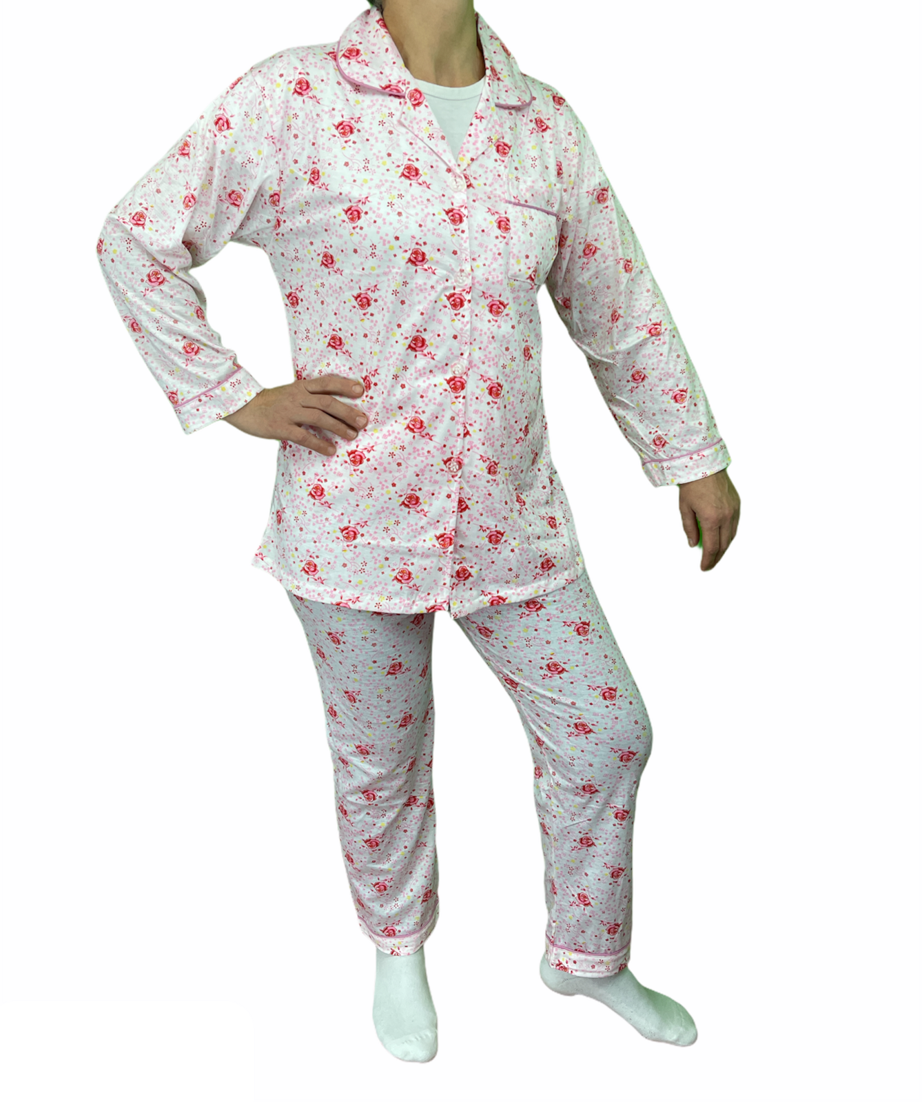 Womens Pyjama Set 100% Cotton Long Sleeve Button Up PJs Sleepwear - Pink Floral - 20