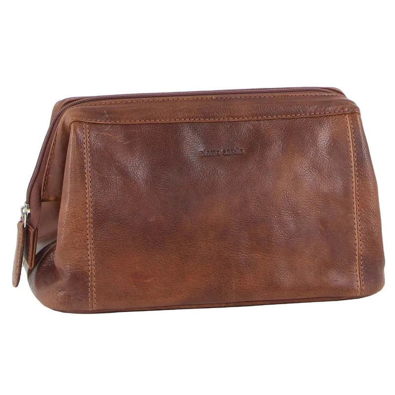 Men's Accessories: Pierre Cardin Mens Rustic Leather Toiletry Case Bag Travel - Cognac