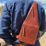 Men's Accessories: Pierre Cardin Mens Sling Bag Rustic Leather Crossbody Chest Backpack - Chestnut