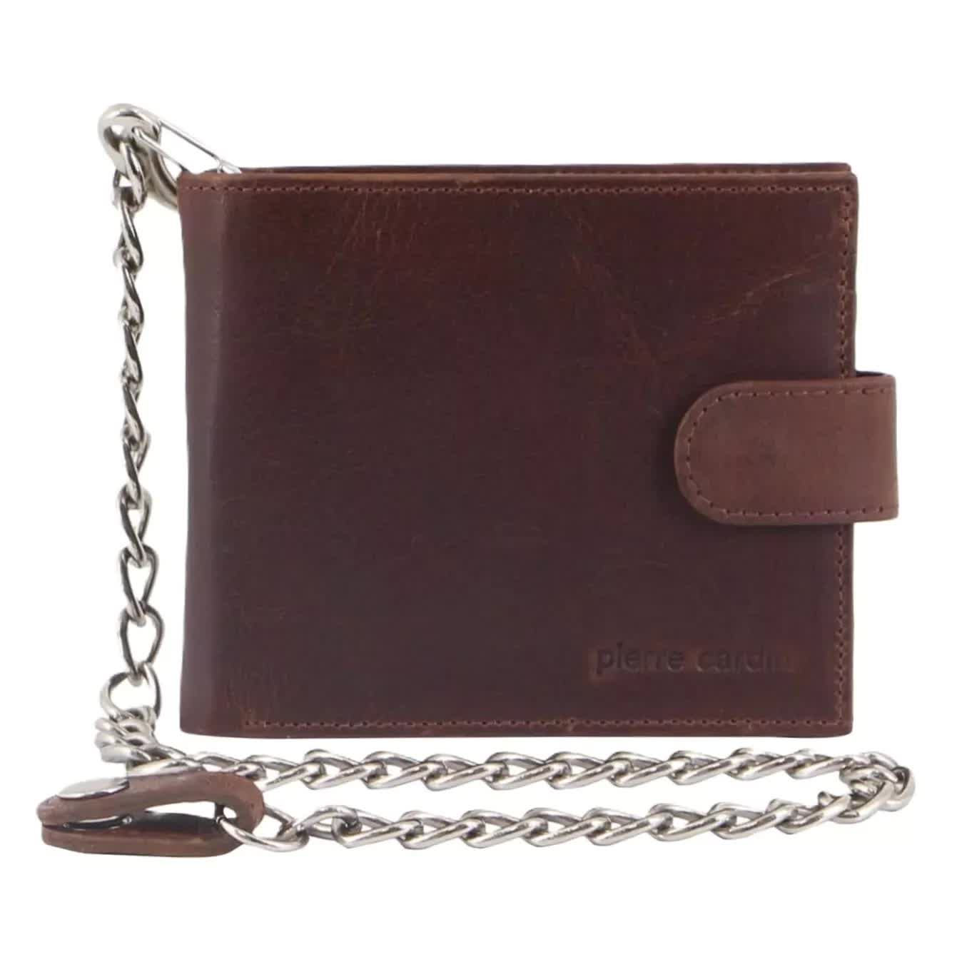 Men's Accessories: Pierre Cardin Zip Around Mens Leather Wallet with Chain in Chestnut