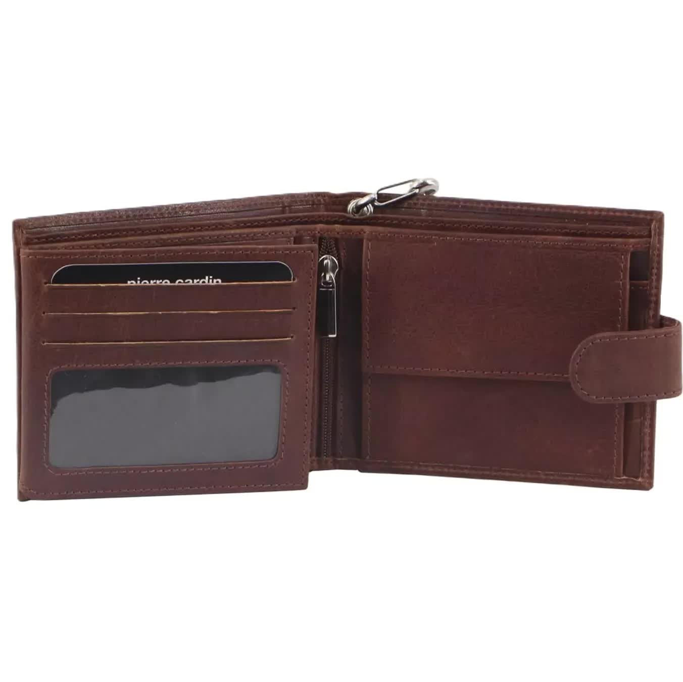 Men's Accessories: Pierre Cardin Zip Around Mens Leather Wallet with Chain in Chestnut