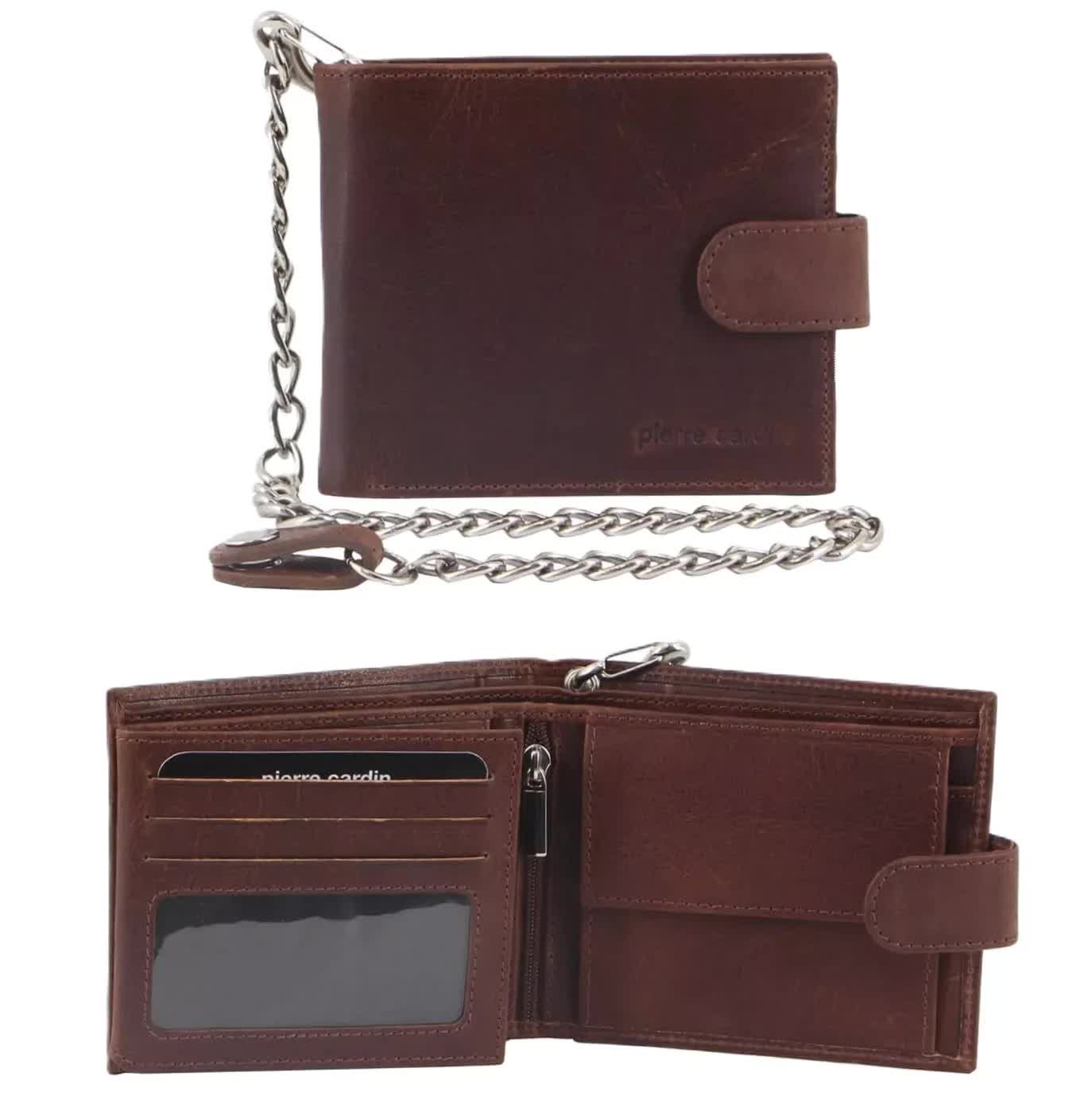 Men's Accessories: Pierre Cardin Zip Around Mens Leather Wallet with Chain in Chestnut