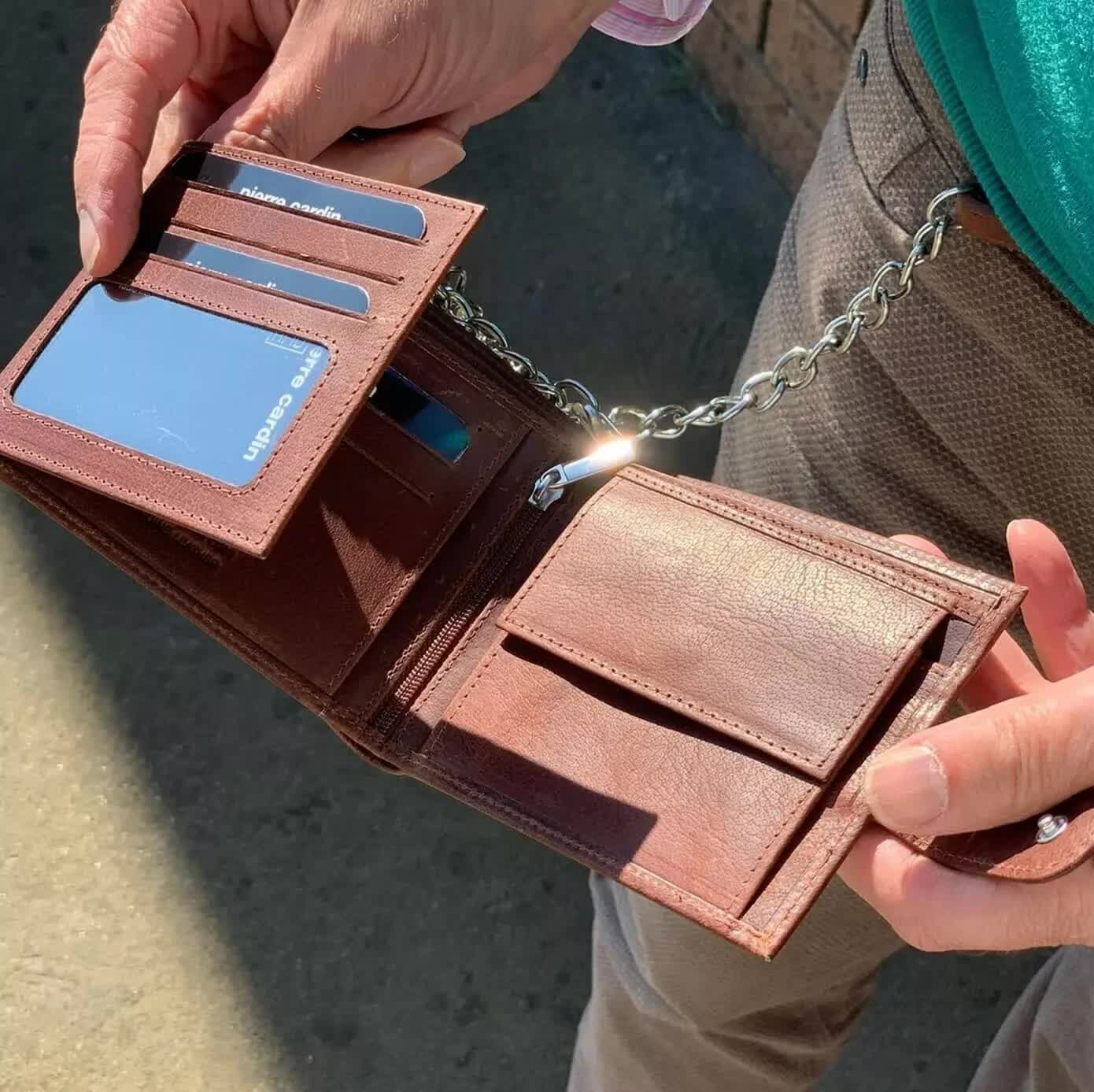 Men's Accessories: Pierre Cardin Zip Around Mens Leather Wallet with Chain in Chestnut