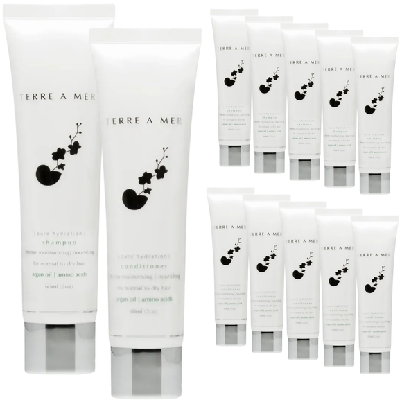 12pc Set Terre A Mer Pure Hydration Amino Acid/Argan Oil Shampoo & Conditioner  - 60ml Travel Size