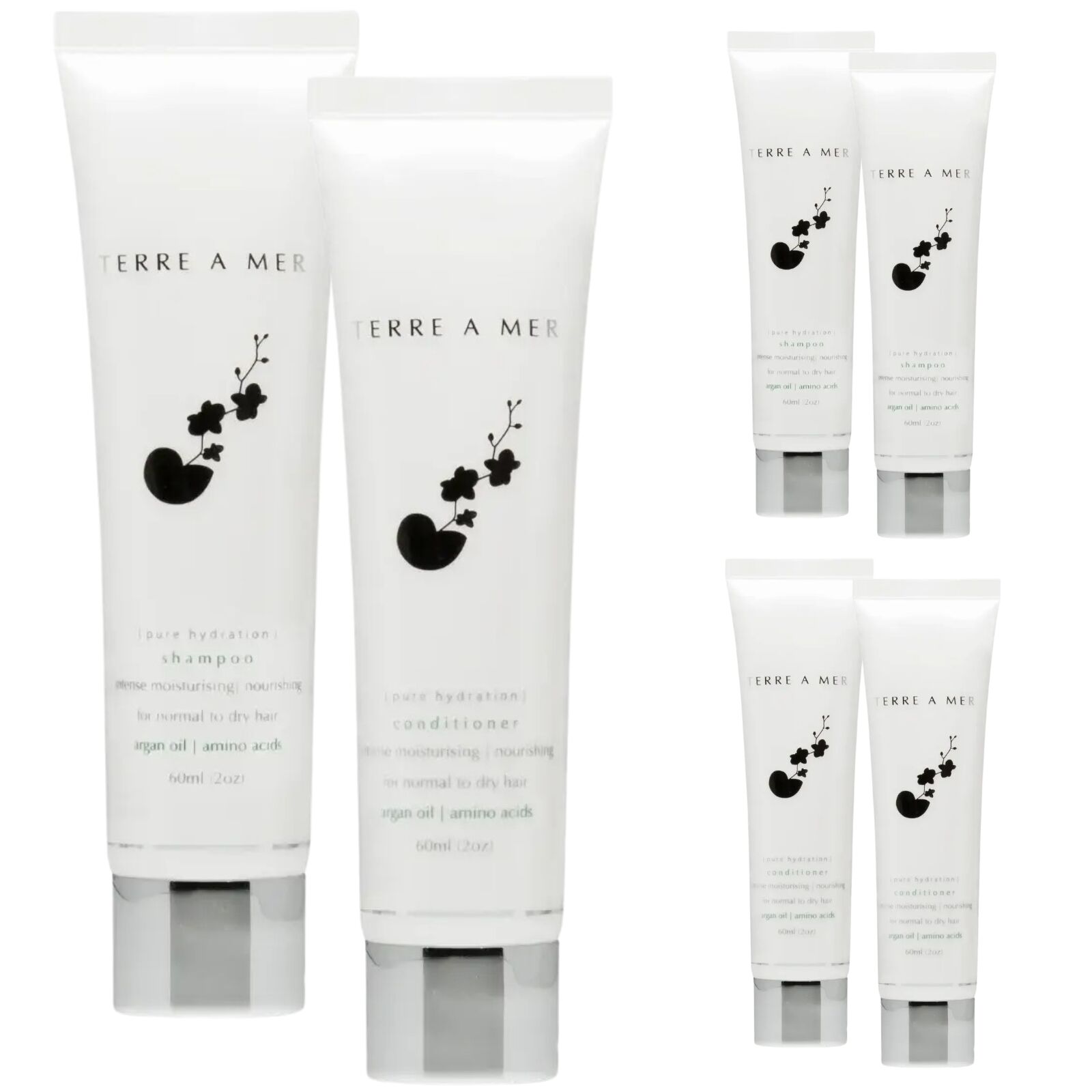 Shampoo & Conditioner: 6pc Set Terre A Mer Pure Hydration Amino Acid/Argan Oil Shampoo & Conditioner  - 60ml Travel Size