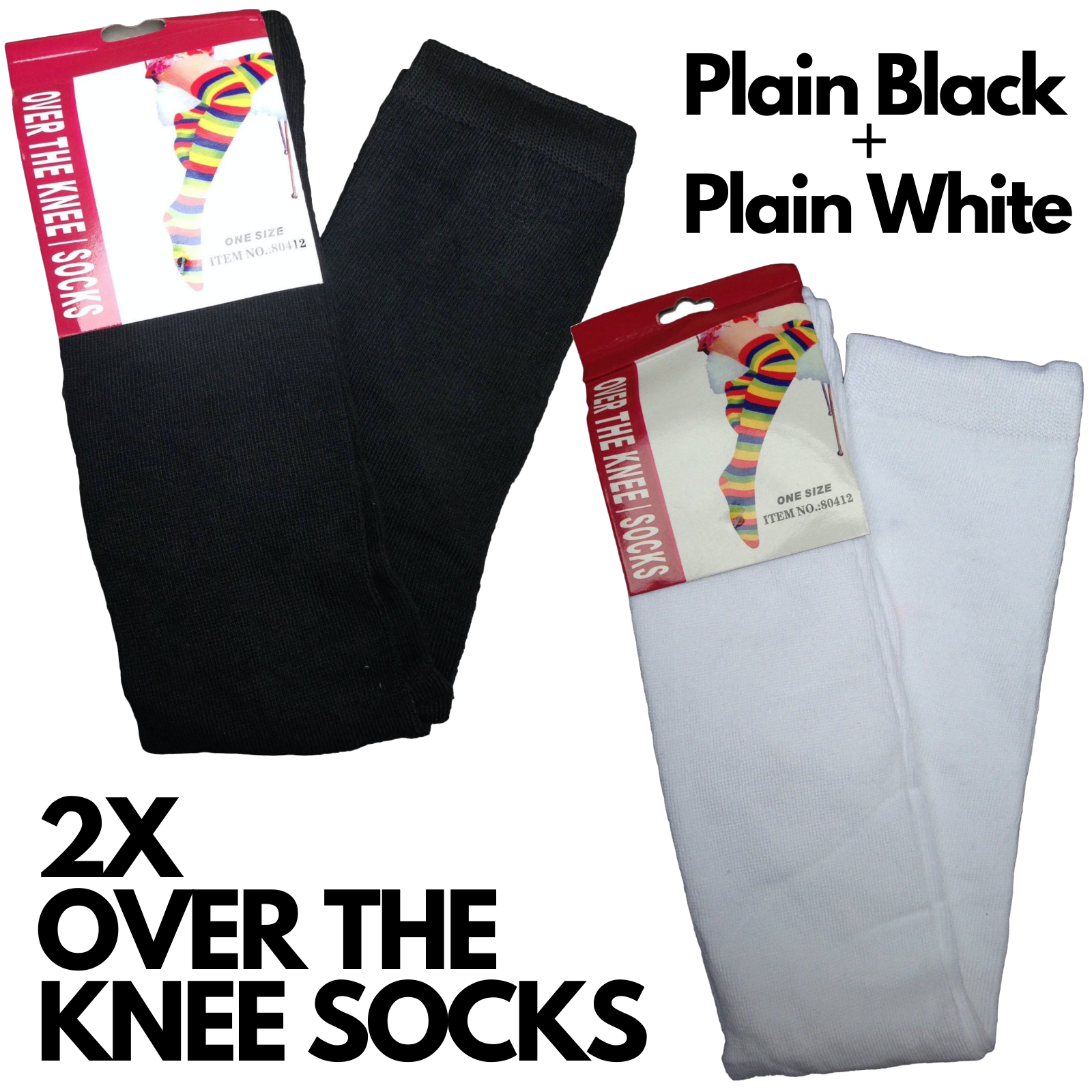 Women's Socks & Hosiery: 2 Pairs Ladies Over The Knee Socks Plain Black + White High Thigh Long Stockings
