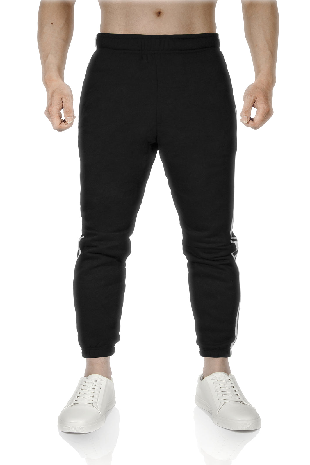 Mens Fleece Track Pants Skinny Joggers Slim Fit Sweatpants Gym - Black - L