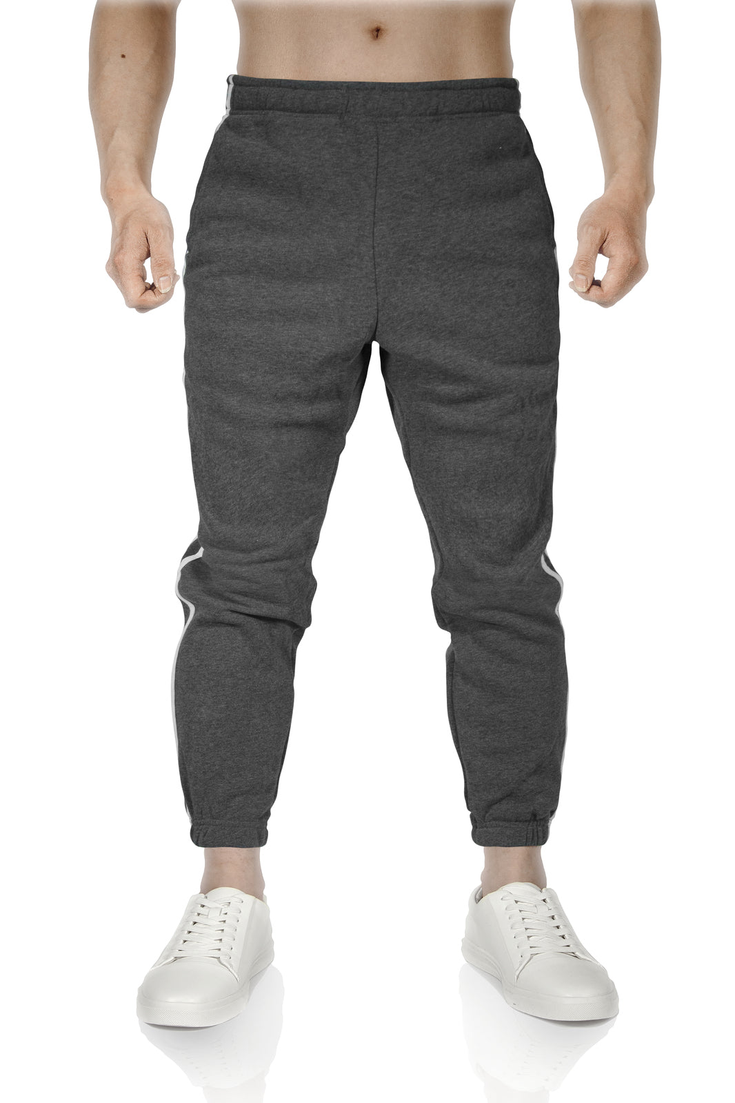 Mens Fleece Track Pants Skinny Joggers Slim Fit Sweatpants Gym - Charcoal Marle - S