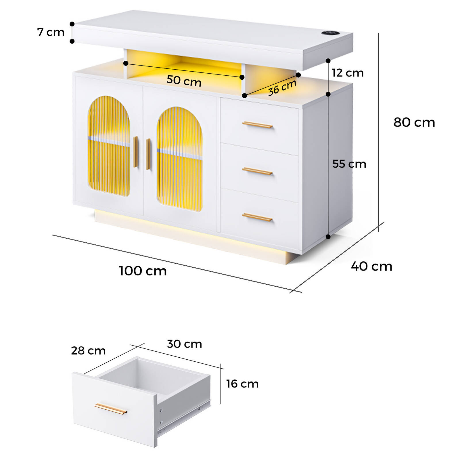 Buffet Sideboard Cabinet With RGB LED Light and Charging Station Console Coffee Bar White