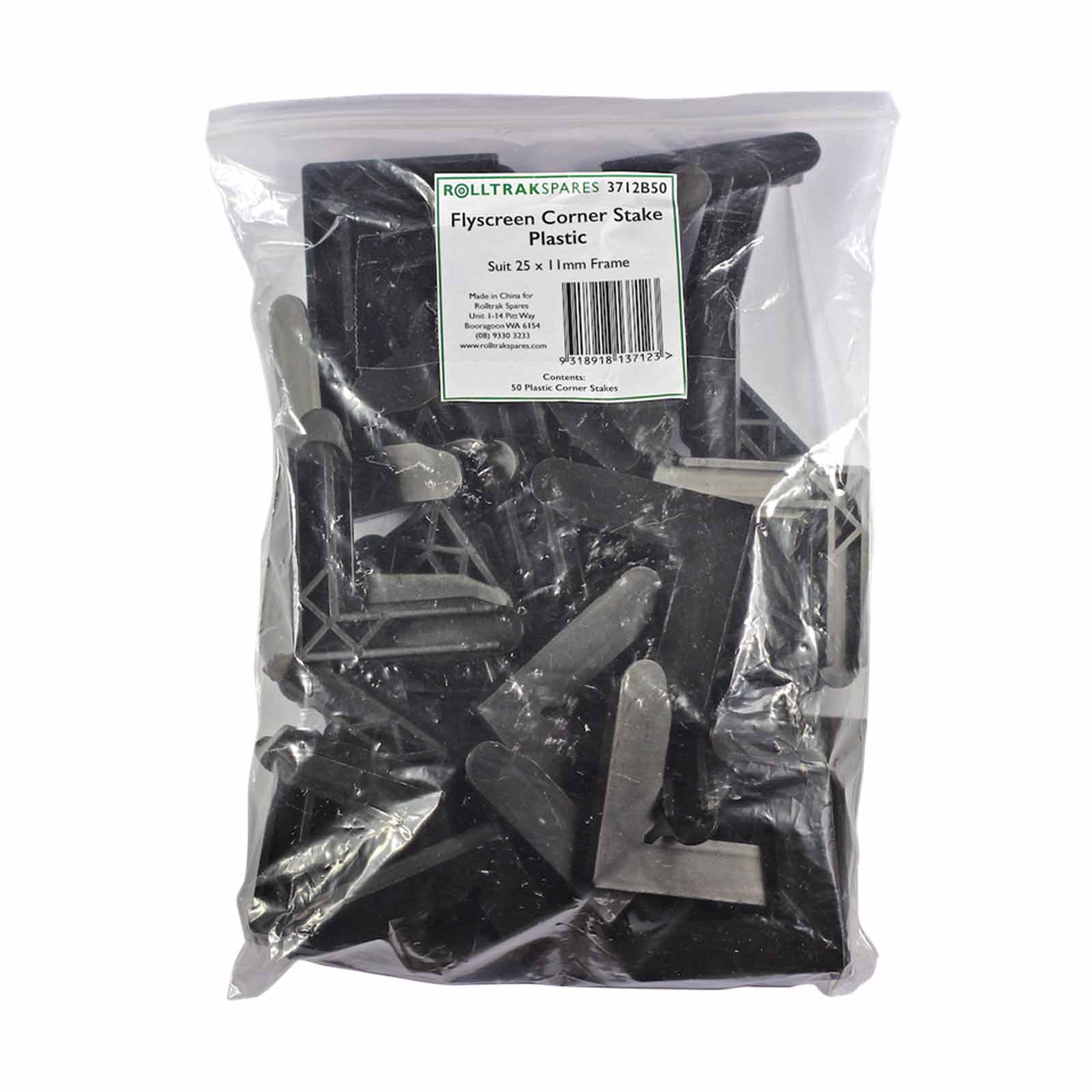 Building Materials: 11x25mm Rolltrak Flyscreen Corner Stake (1 pack of 50) Black Plastic